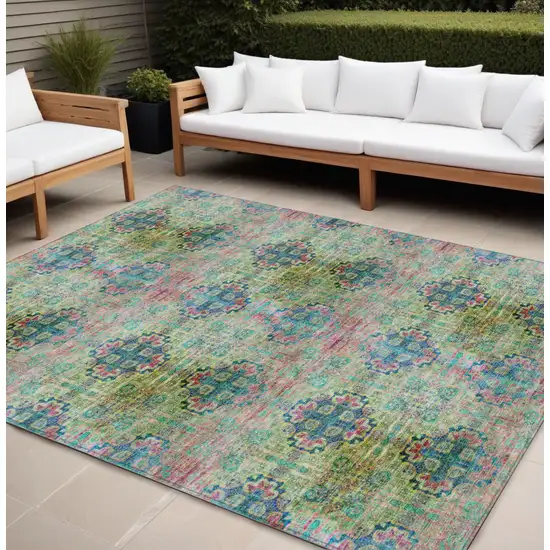 Blue and Green Floral Medallion Washable Non Skid Indoor Outdoor Area Rug Photo 1