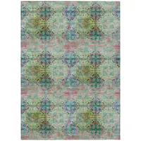 Photo of Blue and Green Floral Medallion Washable Non Skid Indoor Outdoor Area Rug