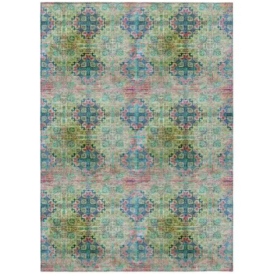 Blue and Green Floral Medallion Washable Non Skid Indoor Outdoor Area Rug Photo 1