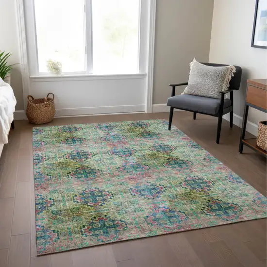 Blue and Green Floral Medallion Washable Non Skid Indoor Outdoor Area Rug Photo 9