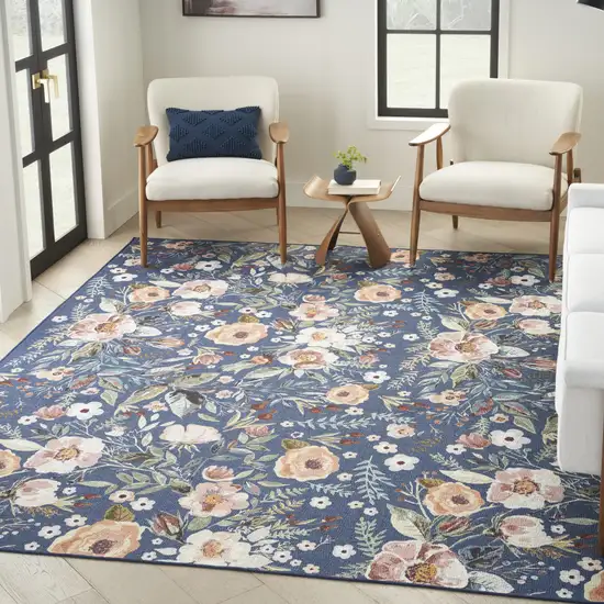 Blue and Green Floral Power Loom Washable Non Skid Area Rug Photo 7