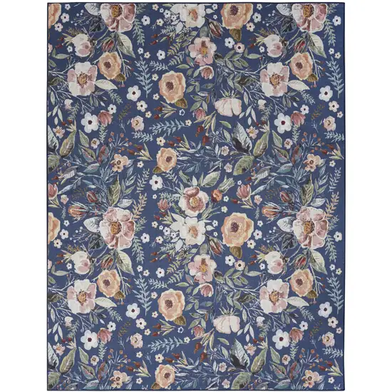 Blue and Green Floral Power Loom Washable Non Skid Area Rug Photo 1