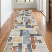 Photo of Blue and Green Geometric Power Loom Washable Runner Rug