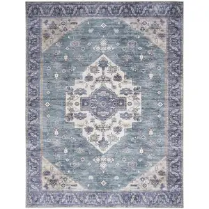 Photo of Blue and Green Oriental Power Loom Distressed Washable Non Skid Area Rug