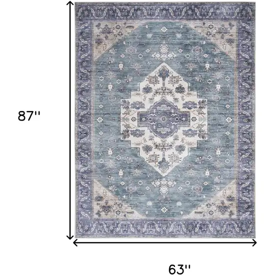 Blue and Green Oriental Power Loom Distressed Washable Non Skid Area Rug Photo 10