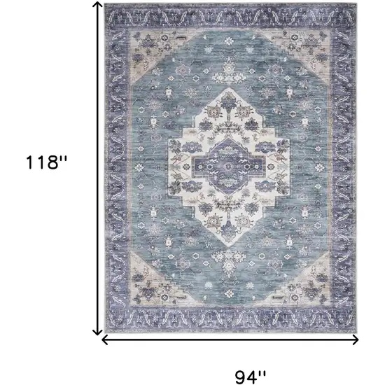 Blue and Green Oriental Power Loom Distressed Washable Non Skid Area Rug Photo 10