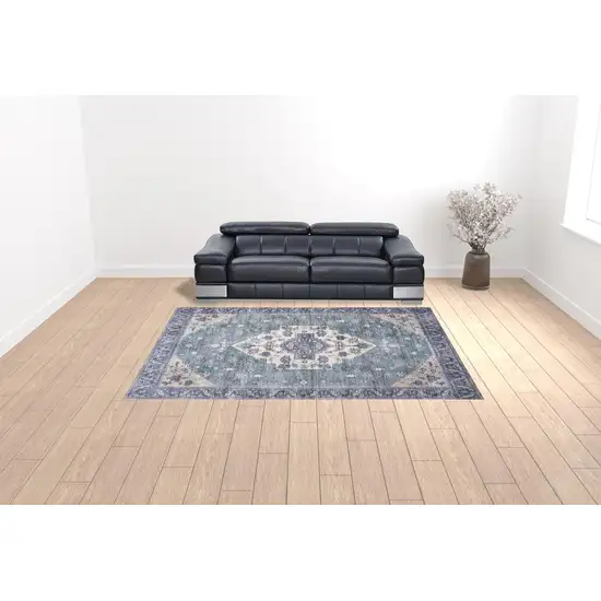 Blue and Green Oriental Power Loom Distressed Washable Non Skid Area Rug Photo 3