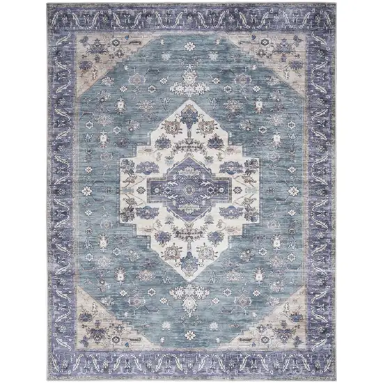 Blue and Green Oriental Power Loom Distressed Washable Non Skid Area Rug Photo 1