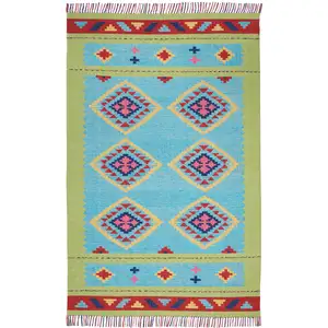 Photo of Blue and Green Southwestern Handmade Area Rug With Fringe