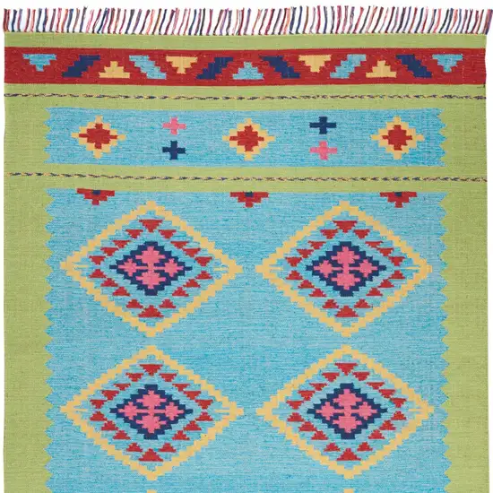 Blue and Green Southwestern Handmade Area Rug With Fringe Photo 9