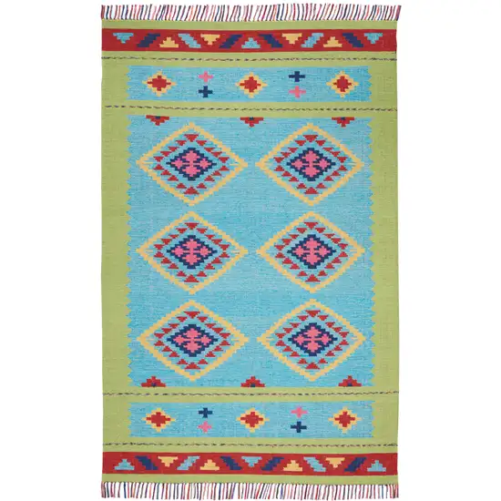 Blue and Green Southwestern Handmade Area Rug With Fringe Photo 2