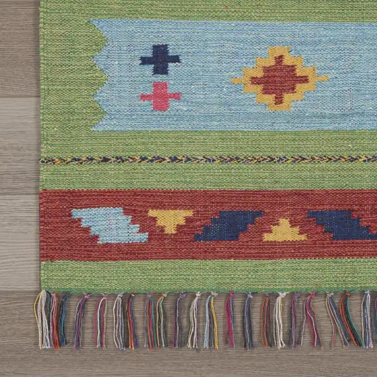 Blue and Green Southwestern Handmade Area Rug With Fringe Photo 5