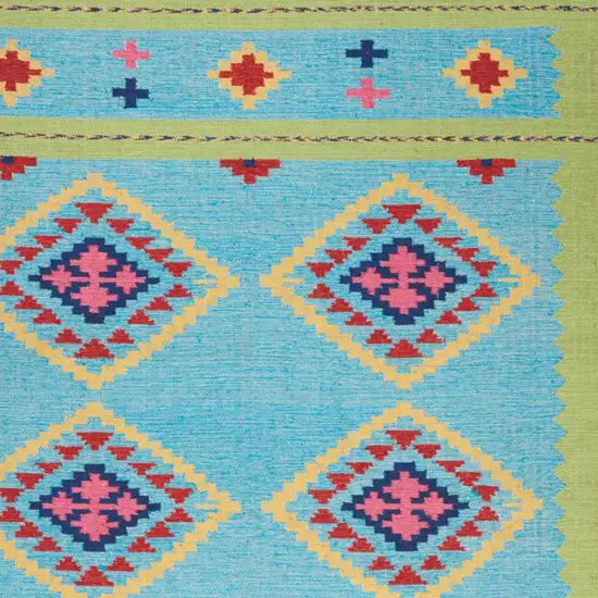 Blue and Green Southwestern Handmade Area Rug With Fringe Photo 8