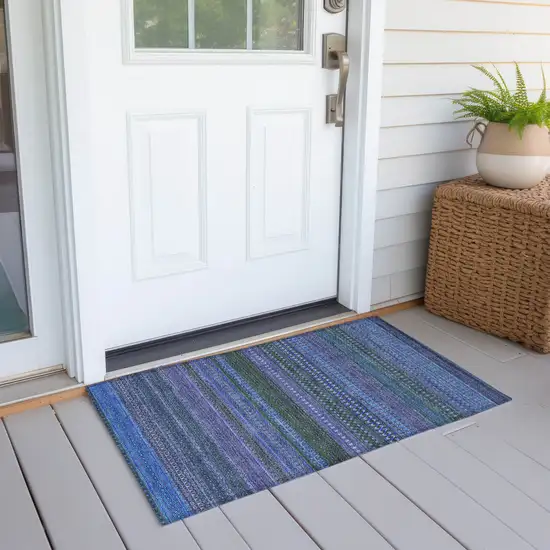 Blue and Green Striped Washable Non Skid Indoor Outdoor Area Rug Photo 8