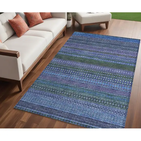 Blue and Green Striped Washable Non Skid Indoor Outdoor Area Rug Photo 1