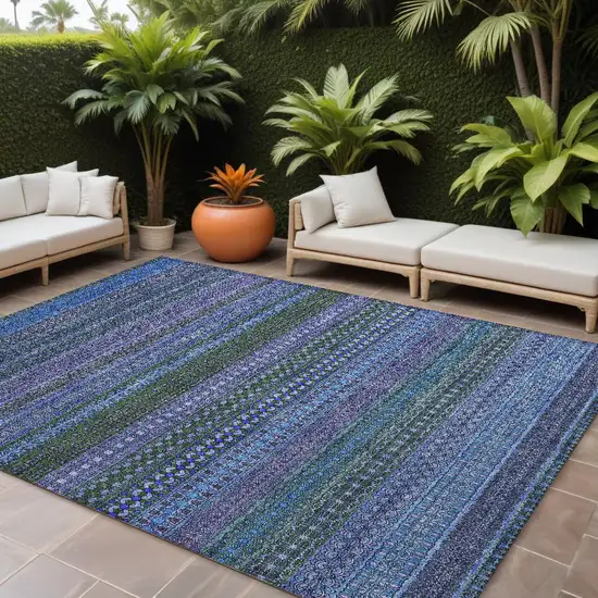 Blue and Green Striped Washable Non Skid Indoor Outdoor Area Rug Photo 1