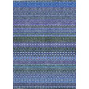 Photo of Blue and Green Striped Washable Non Skid Indoor Outdoor Area Rug