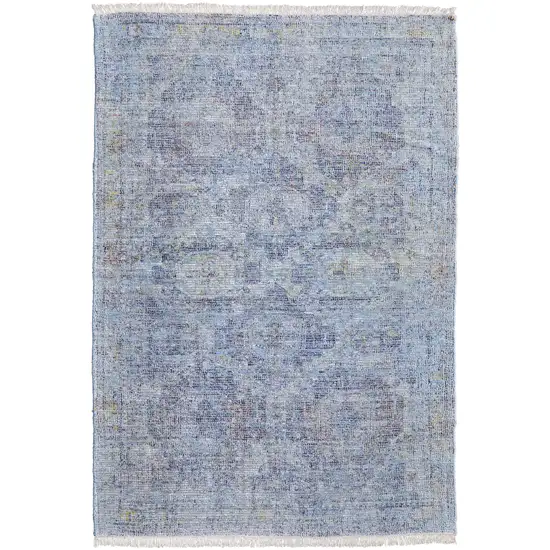 Blue and Ivory Abstract Hand Woven Distressed Area Rug With Fringe Photo 2