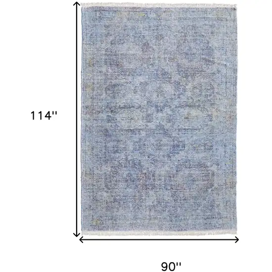 Blue and Ivory Abstract Hand Woven Distressed Area Rug With Fringe Photo 3