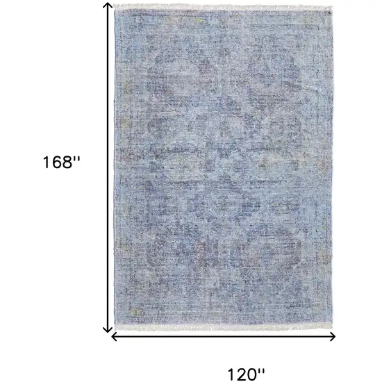 Blue and Ivory Abstract Hand Woven Distressed Area Rug With Fringe Photo 3