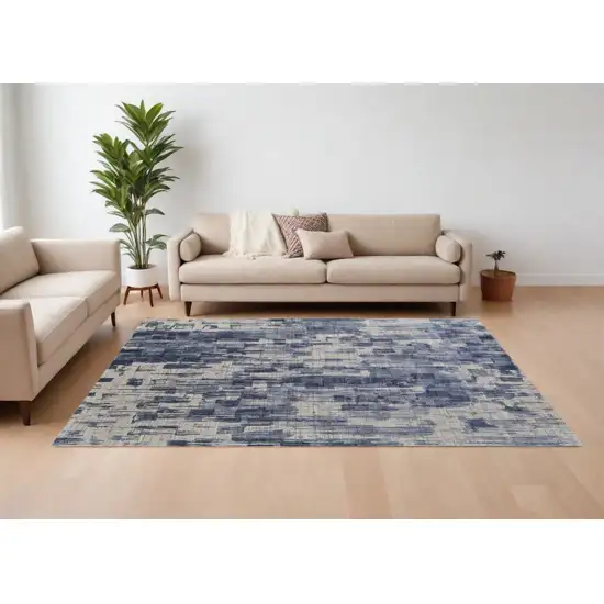 Blue and Ivory Abstract Hand Woven Worn Faded Area Rug Photo 1