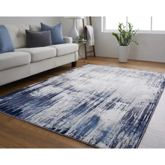 Blue and Ivory Abstract Power Loom Distressed Area Rug Photo 6