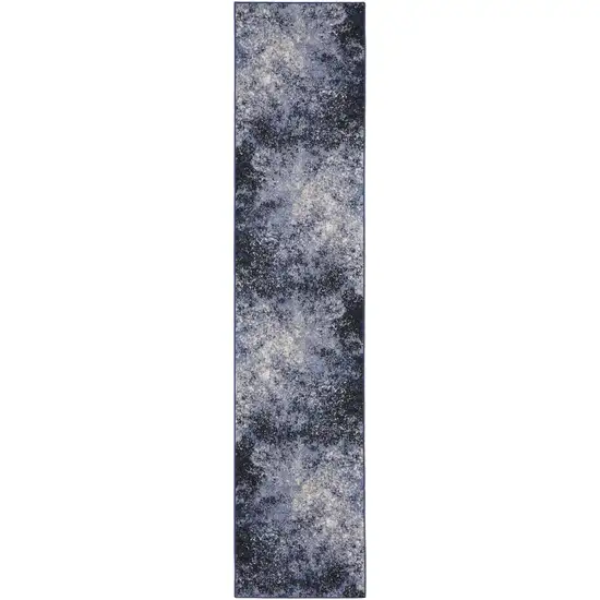 Blue and Ivory Abstract Power Loom Distressed Runner Rug Photo 2