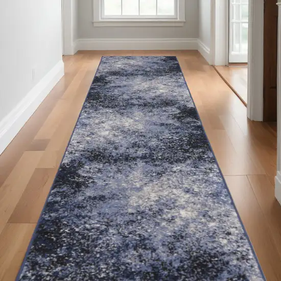 Blue and Ivory Abstract Power Loom Distressed Runner Rug Photo 1