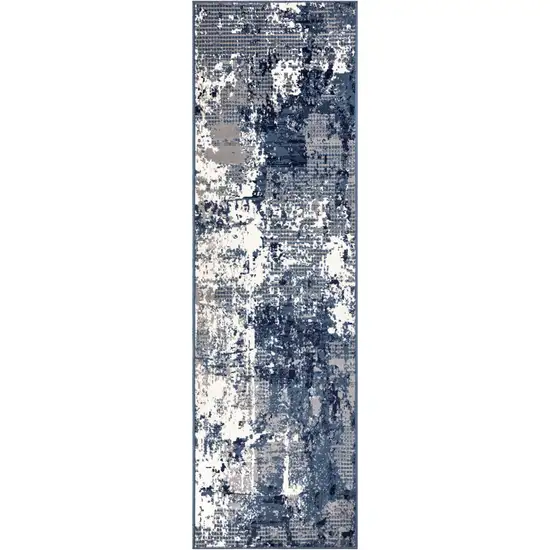 Blue and Ivory Abstract Power Loom Runner Rug Photo 2