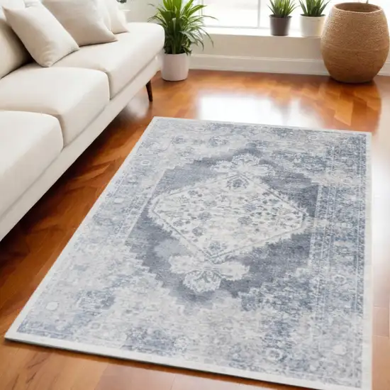 Blue and Ivory Abstract Power Loom Washable Area Rug Photo 2