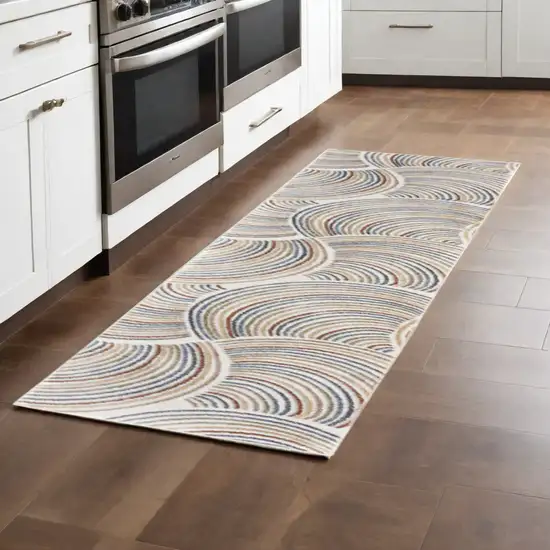 Blue and Ivory Abstract Power Loom Washable Runner Rug Photo 2