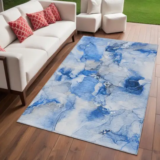 Navy Blue Abstract Washable Indoor Outdoor Area Rug Photo 1