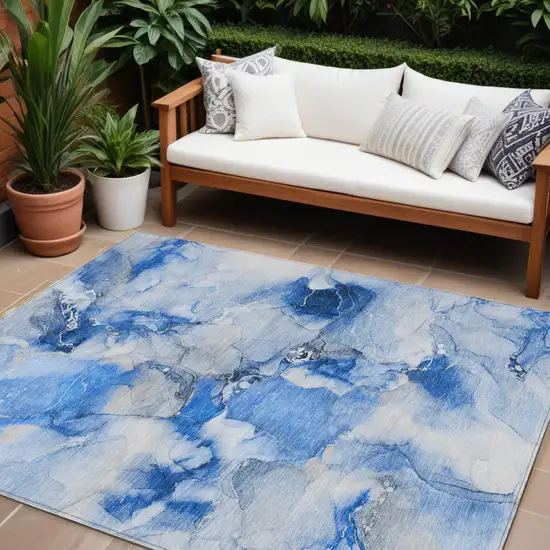 Navy Blue Abstract Washable Indoor Outdoor Area Rug Photo 1