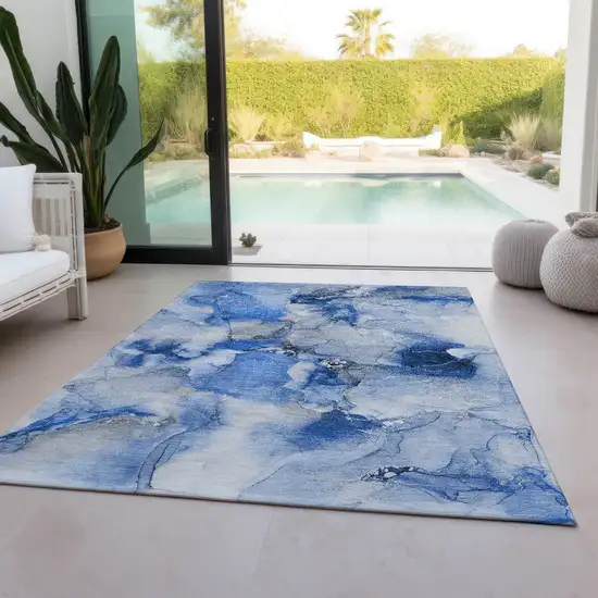 Blue and Ivory Abstract Washable Non Skid Indoor Outdoor Area Rug Photo 8