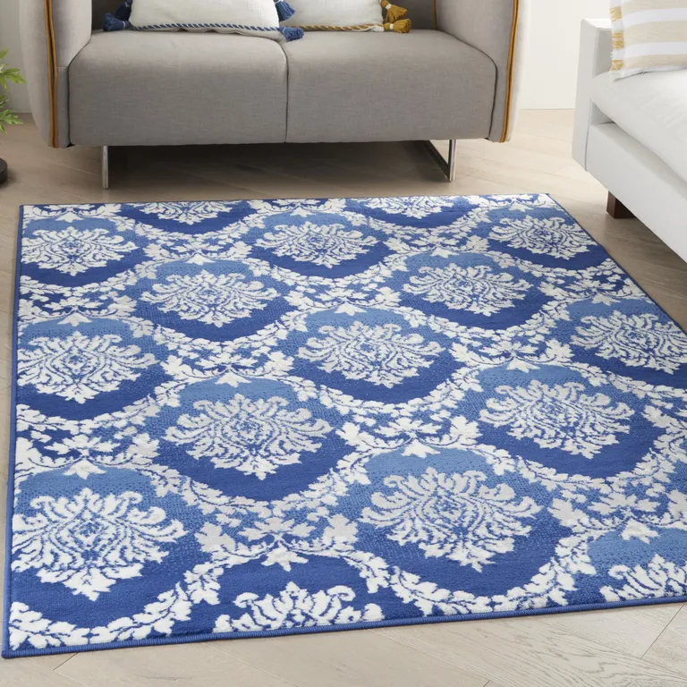 Blue and Ivory Damask Area Rug Photo 2