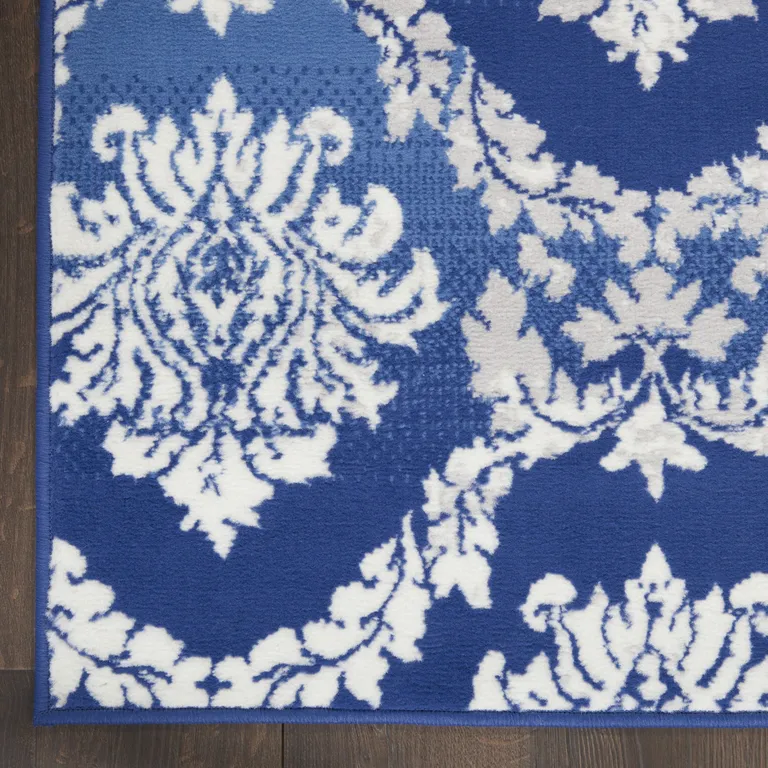 Blue and Ivory Damask Area Rug Photo 5