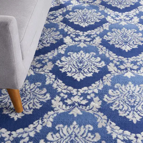 Blue and Ivory Damask Distressed Non Skid Area Rug Photo 7