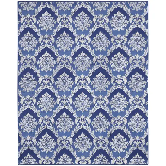 Blue and Ivory Damask Distressed Non Skid Area Rug Photo 2