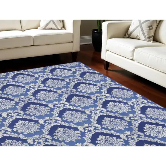 Blue and Ivory Damask Distressed Non Skid Area Rug Photo 1