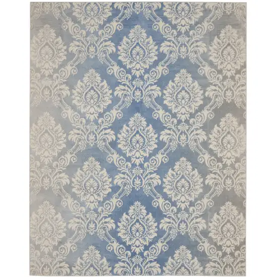 Blue and Ivory Damask Distressed Non Skid Area Rug Photo 2