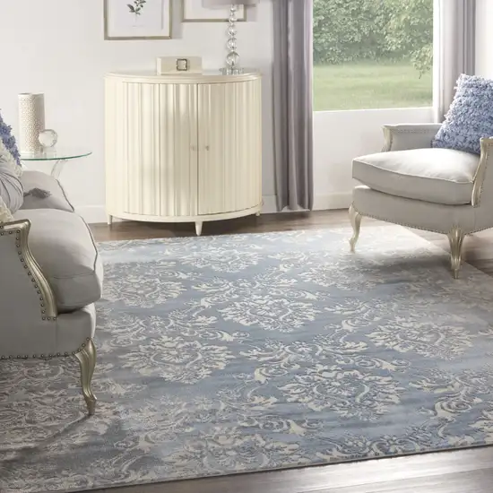 Blue and Ivory Damask Distressed Non Skid Area Rug Photo 9