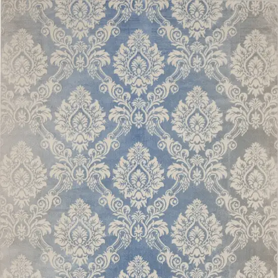 Blue and Ivory Damask Distressed Non Skid Area Rug Photo 7