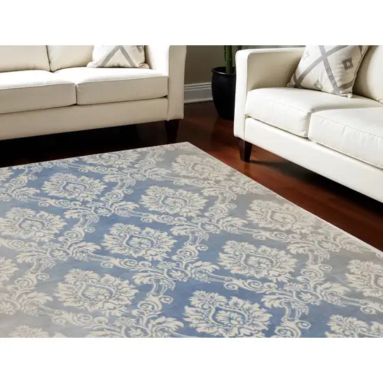 Blue and Ivory Damask Distressed Non Skid Area Rug Photo 1