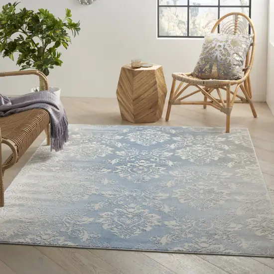 Blue and Ivory Damask Distressed Non Skid Area Rug Photo 9