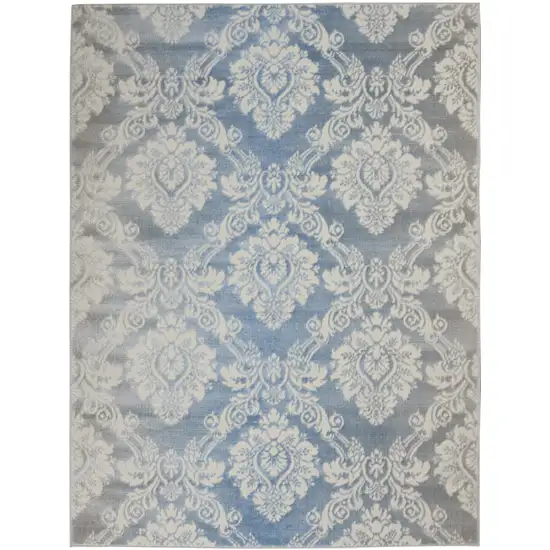 Blue and Ivory Damask Distressed Non Skid Area Rug Photo 2