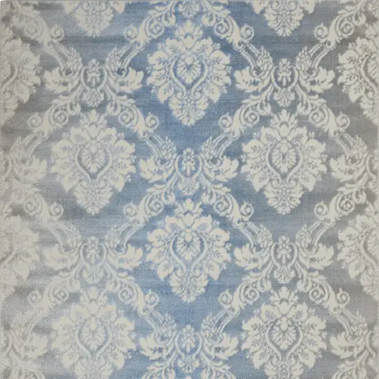 Blue and Ivory Damask Distressed Non Skid Area Rug Photo 7