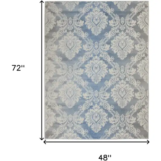 Blue and Ivory Damask Distressed Non Skid Area Rug Photo 3