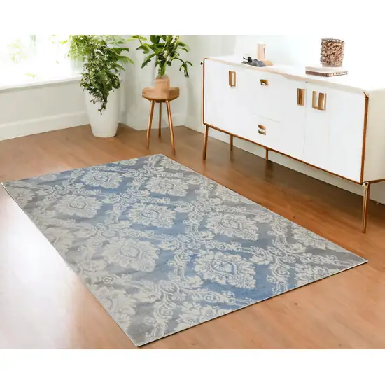 Blue and Ivory Damask Distressed Non Skid Area Rug Photo 1