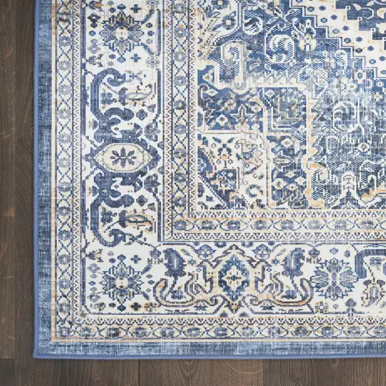 Blue and Ivory Floral Distressed Non Skid Area Rug Photo 4