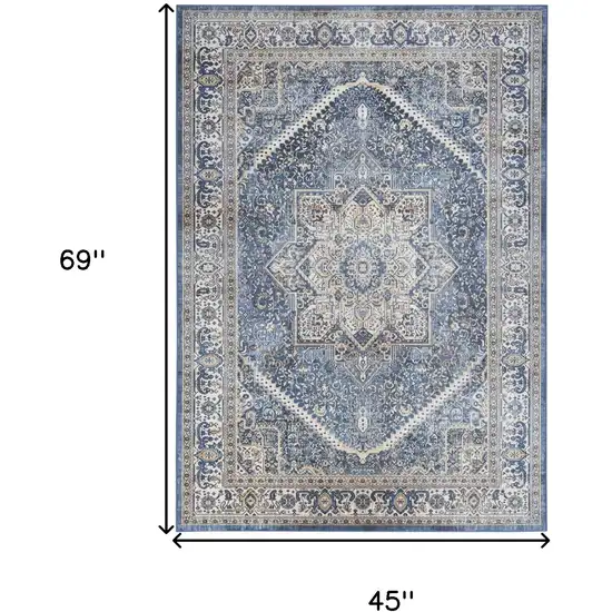 Blue and Ivory Floral Distressed Non Skid Area Rug Photo 3